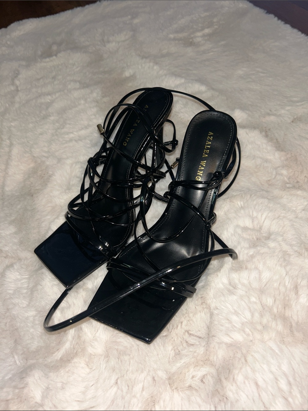 AZALEA WANG Black Patent Lace-Up Square-Toe Heels